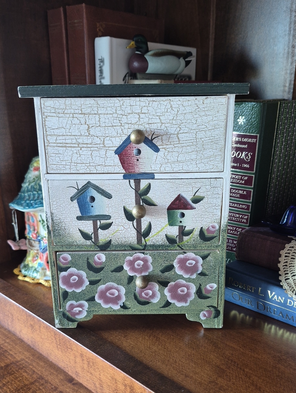 Hand-Painted Birdhouse Floral Jewelry Box in Green and White
